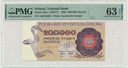 Banknot 200.000 złotych 1989 – A – PMG 63 EPQ